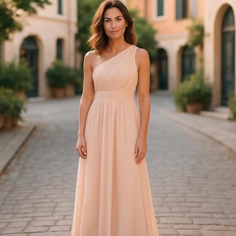 J.Crew One Shoulder Silk Maxi Dress Size 2 Peach Chiffon Bridesmaid Pastel Fairy